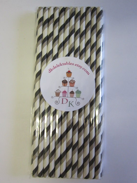 25 Striped Paper Drinking Straws Gray & Black Double Stripe Il_570xn