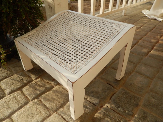 Slanted Footstool in White Shabby Chic with Woven Wicker