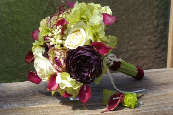 Lime ivory fuschia eggplant purple Silk Bridal Bouquet