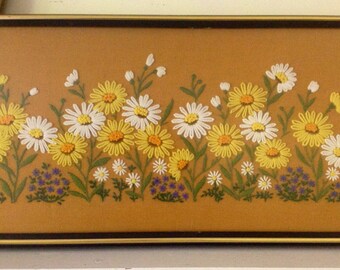 Items similar to Vintage crewel country house and garden embroidery art