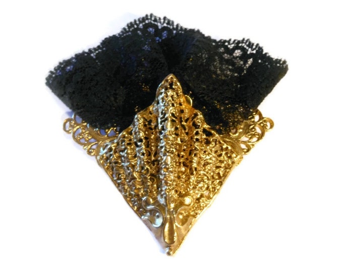 FREE SHIPPING Spanish sconce fan brooch 1980s, black lace gold sconce brooch or pocket handkerchief pin