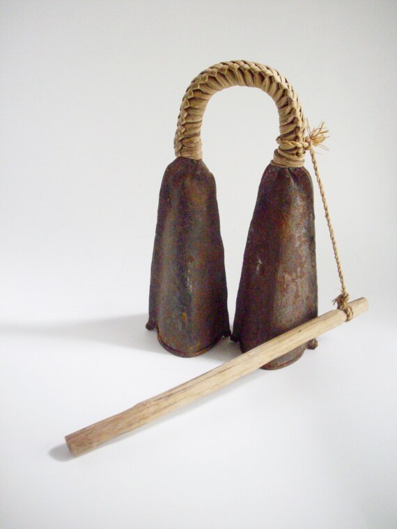 Vintage Percussion Instrument Double Cow Bell Gong Wooden