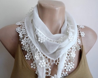 Cream Cotton Scarf , Wedding Shawl, Cowl with Lace Edge Flowers