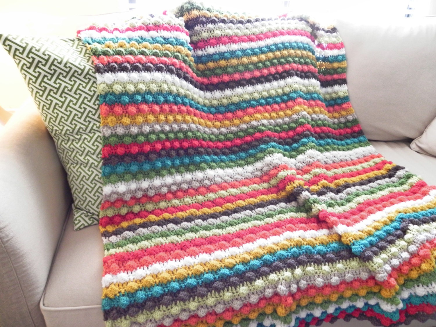 Striped Colorful Bobble Stitch Crochet Afghan by CrochetaLaMae