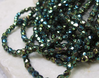 Vintage 4mm Czech Glass Facet Beads in Green Iris. 3 dz.