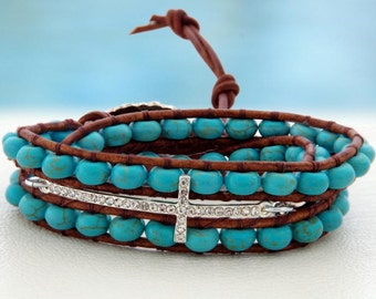 Sophia... Leather wrap bracelet... Beaded Triple Wrap Bracelet. Original OceanBead Style.