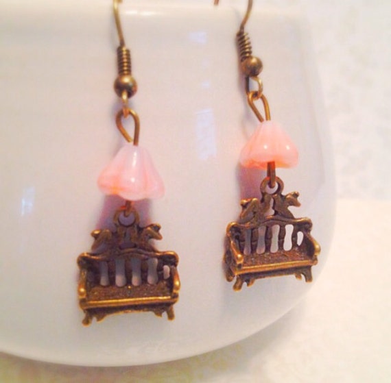 Items similar to Miniature Bench Earrings. Love Birds. Kissing Birds