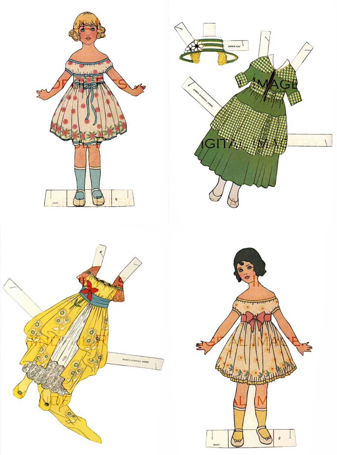 Art Deco Children Paper Dolls Vintage 7 Dolls w/ 24 Costumes