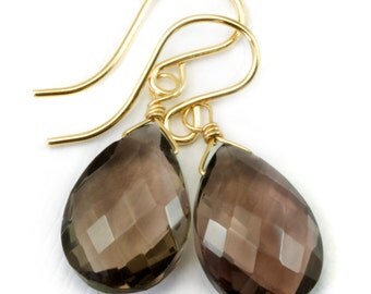 AAA Smoky Quartz Earrings Faceted Pear Briolette Smokey Sterling Silver or 14k Gold Filled