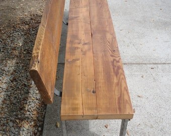 Bench with back and rectangular legs made from antique barnwood and steel