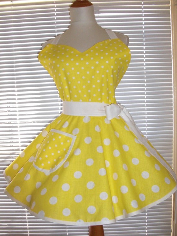 Fifties Style Retro Apron Yellow White Large and Small Polka