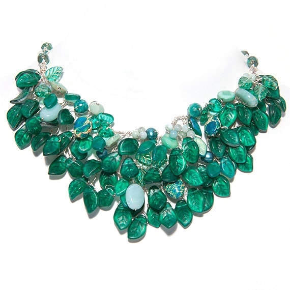 Emerald Green Statement Necklace and dangle earrings Bib