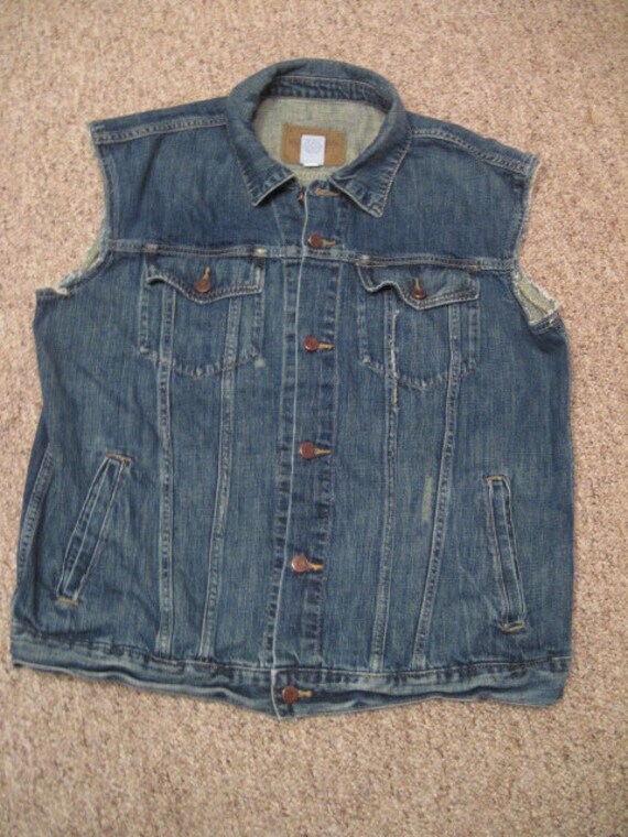 Mens upcycled distressed denim cut off jacket/vest size XL