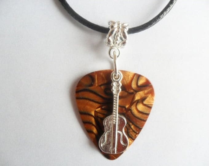Wood looking Guitar pick necklace with adjustable cord.