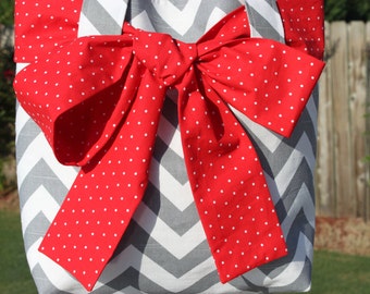 LARGE gray and white CHEVRON stripe zigzag Handbag/ Diaper Bag/ Purse/ Tote with Red and White Polka Dot Bow/Sash and 4 Interior Pockets