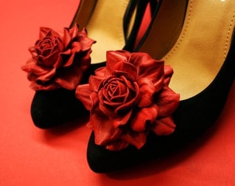 Red Leather Flower Shoe Clips