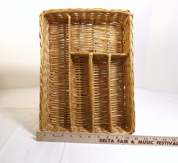 Divided Rattan Basket for Silverware Flatware Cutlery Small