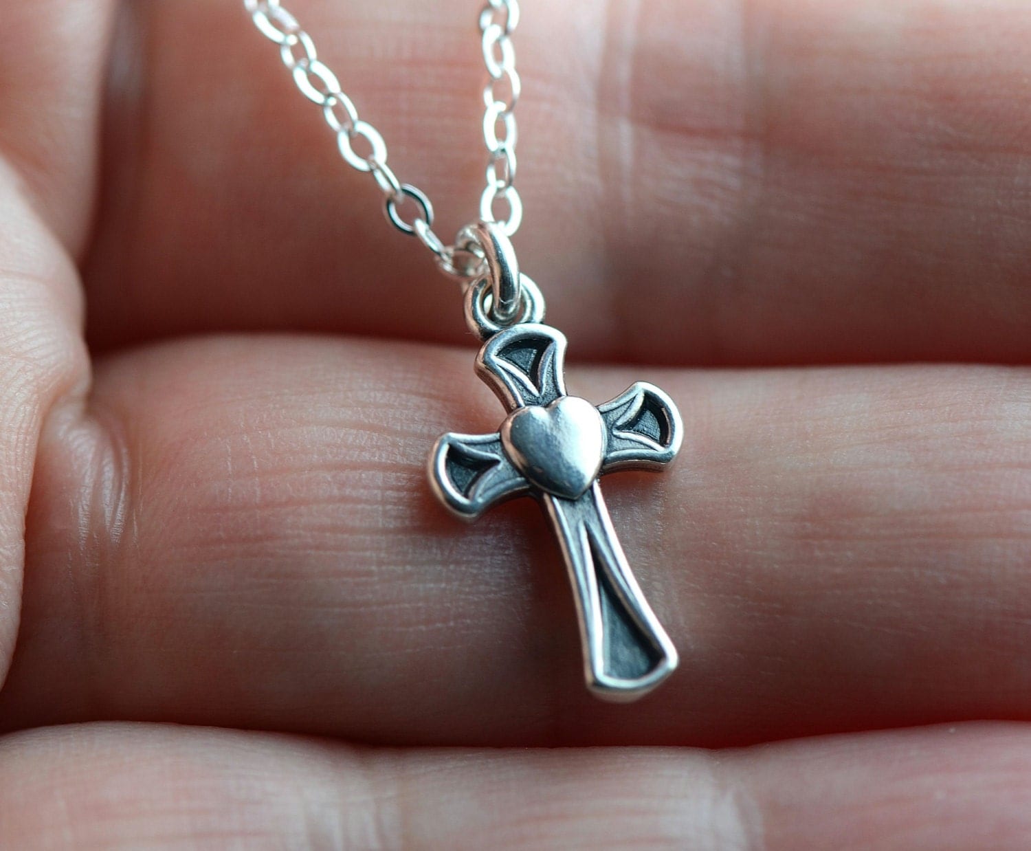 All Sterling Heart Center Cross Necklace Dainty Love
