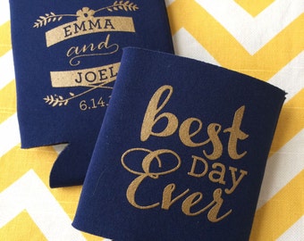 Wedding Can Coolers with Best Day Ever phrase, metallic gold wedding coolies, Best Day Ever coolies, floral vine best day beverage holder