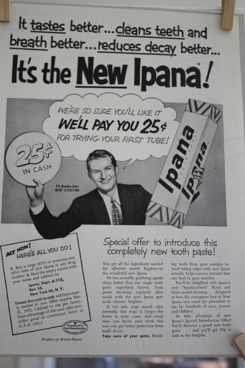 Vintage Ipana Toothpaste Ad Toothpaste Ad November 1952 Good