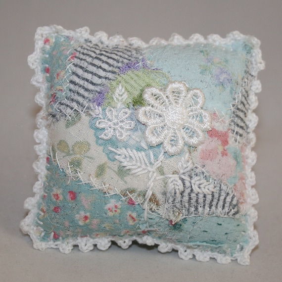 Green Patchwork Pincushion with Lace flower motif by Lynwoodcrafts