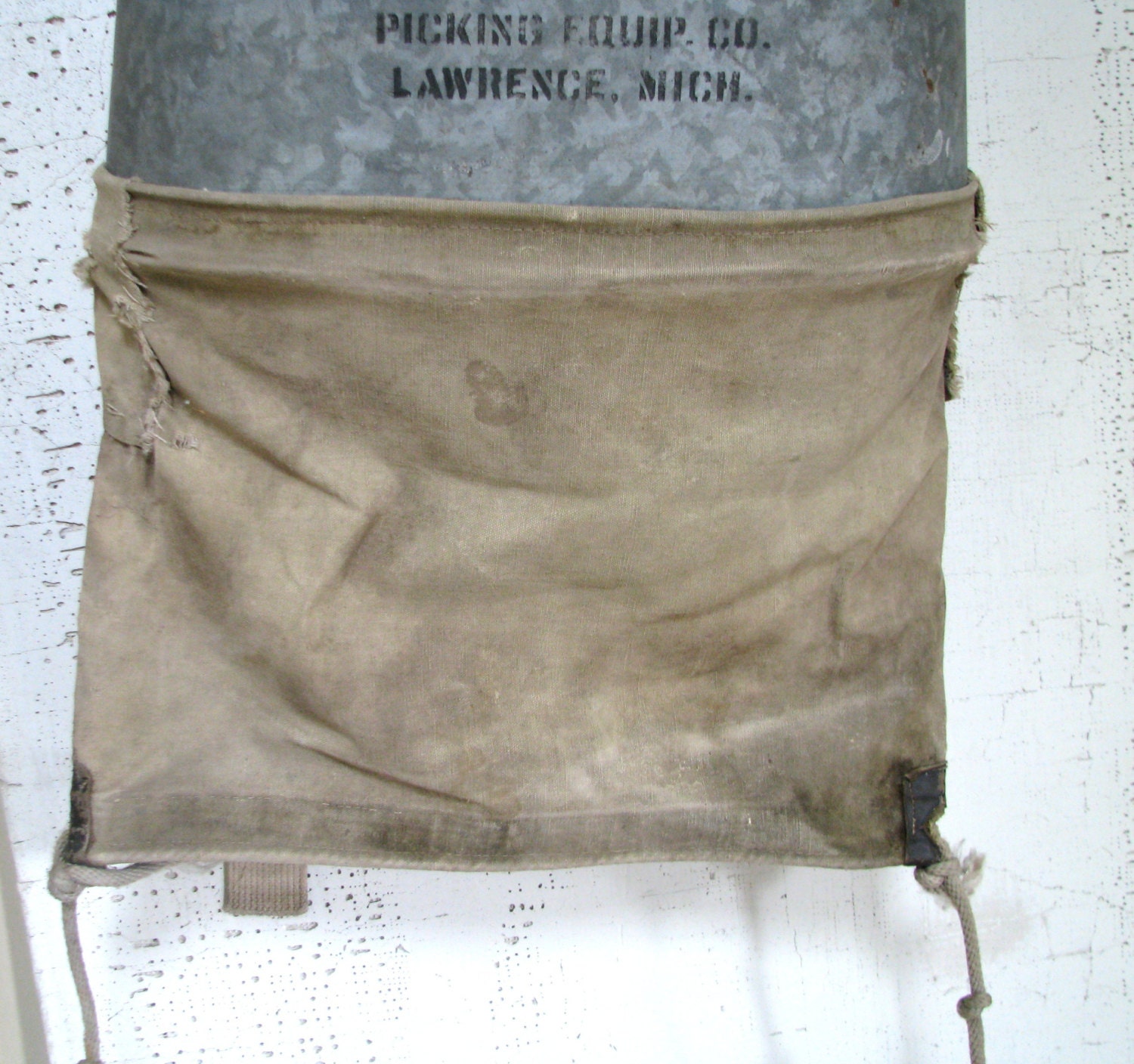 metal and canvas apple picking bag vintage home decor