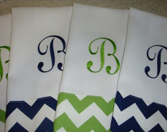 Chevron Navy and Green Hand Towels Monogrammed
