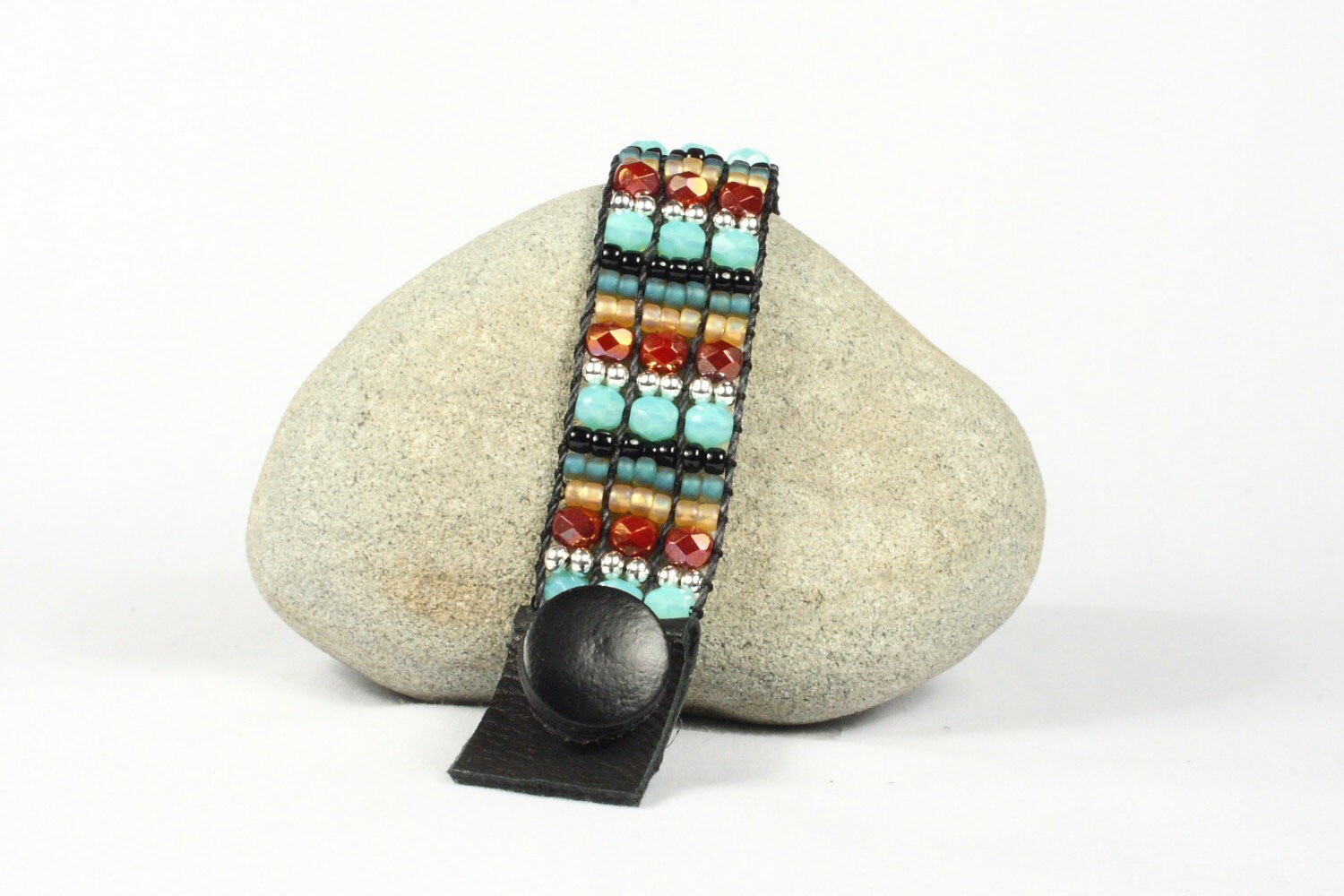 Hand loomed beaded bracelet Aqua rust silver black by CarolMade