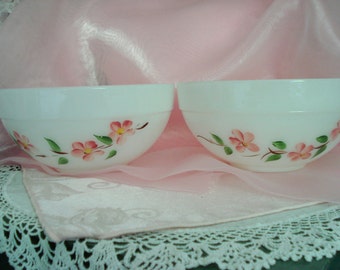 Vintage Fire King Gay Fad Mixing Bowls Set of 2 Handpainted Pink Flowers Shabby Cottage Chic