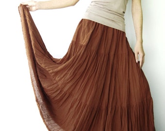 NO.5 Rust Cotton Gauze, Hippie Gypsy Boho Tiered Long Peasant Skirt