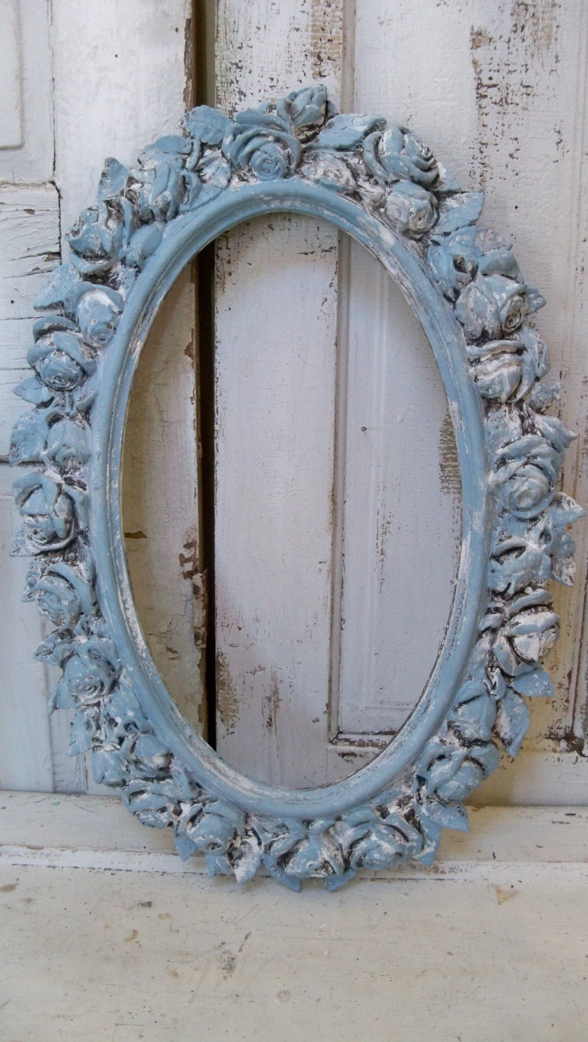 Large French blue ornate frame wall decor distressed roses