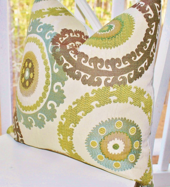 Decorative Pillow Cover Suzani Blue Brown Green Creme