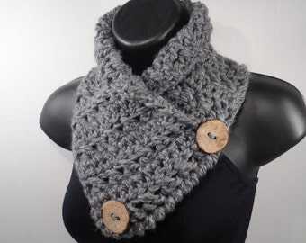 Gray Grey Chunky Crochet Scarf Cowl, Neck Warmer, with Buttons