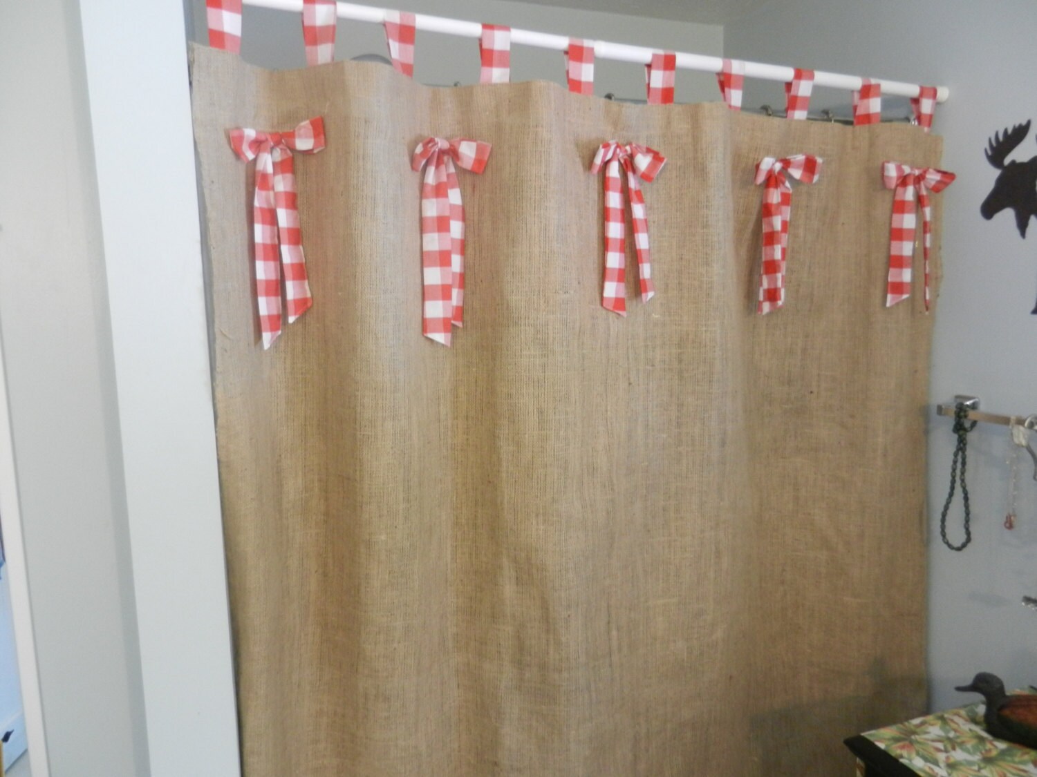 Burlap tab shower curtain. Measures 72WX72L