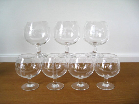 Eight Sasaki Crystal Bamboo etched glass snifters c. 1950