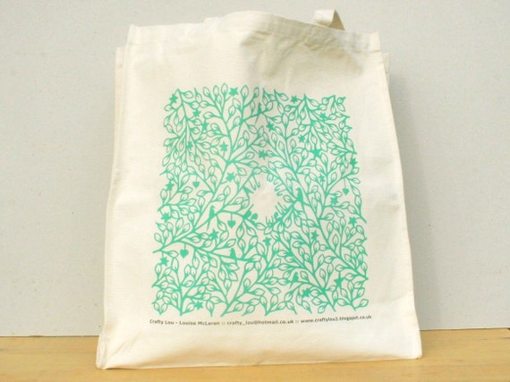 large tote canvas tote bag, emerald green pattern, botanical, folklore ...