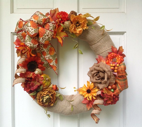 Fall Burlap Silk Floral Wreath