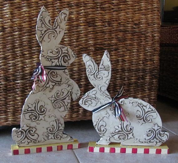 Pair of Hand Painted Bunny Rabbit Wooden by