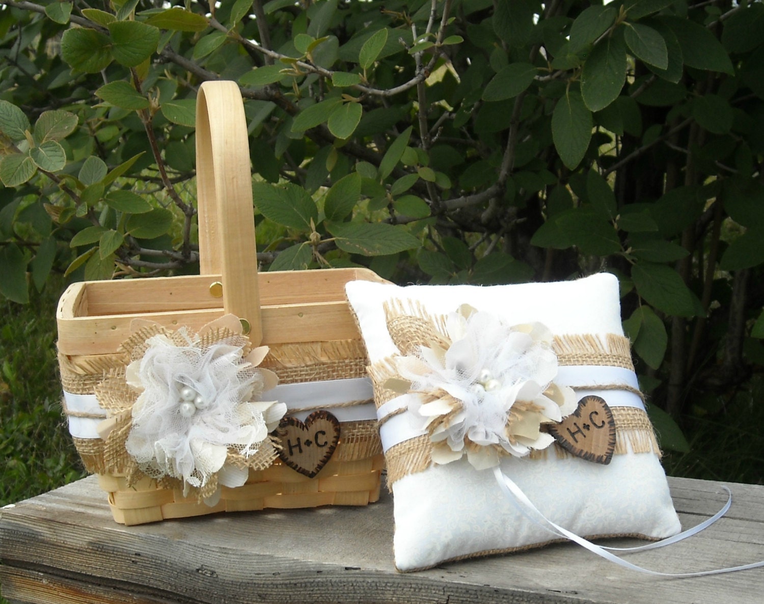 Personalized Ring Bearer Pillow Rustic Burlap and Lace