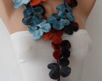 Autumn Scarf - Handknit flowered scarf - Multicolor scarf