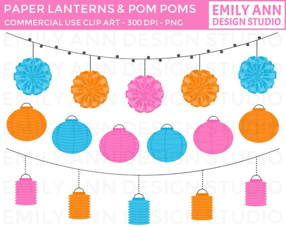 Paper Lanterns Pom Poms Summer Banner Cute Clip Art - Commercial Use - Scrapbooking Invitations Cards - Instant Download Il_570xn