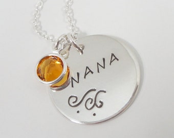 Sterling Silver Personalized Necklace with Swarovski Crystal Birthstone - Hand Stamped Nana Necklace - Grandmother Necklace