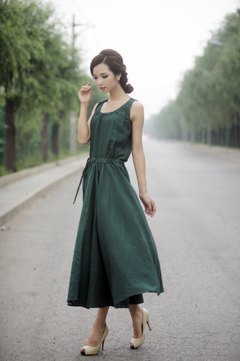 Maxi Summer Dress Emerald Green Long Sleeveless Fit & Flare