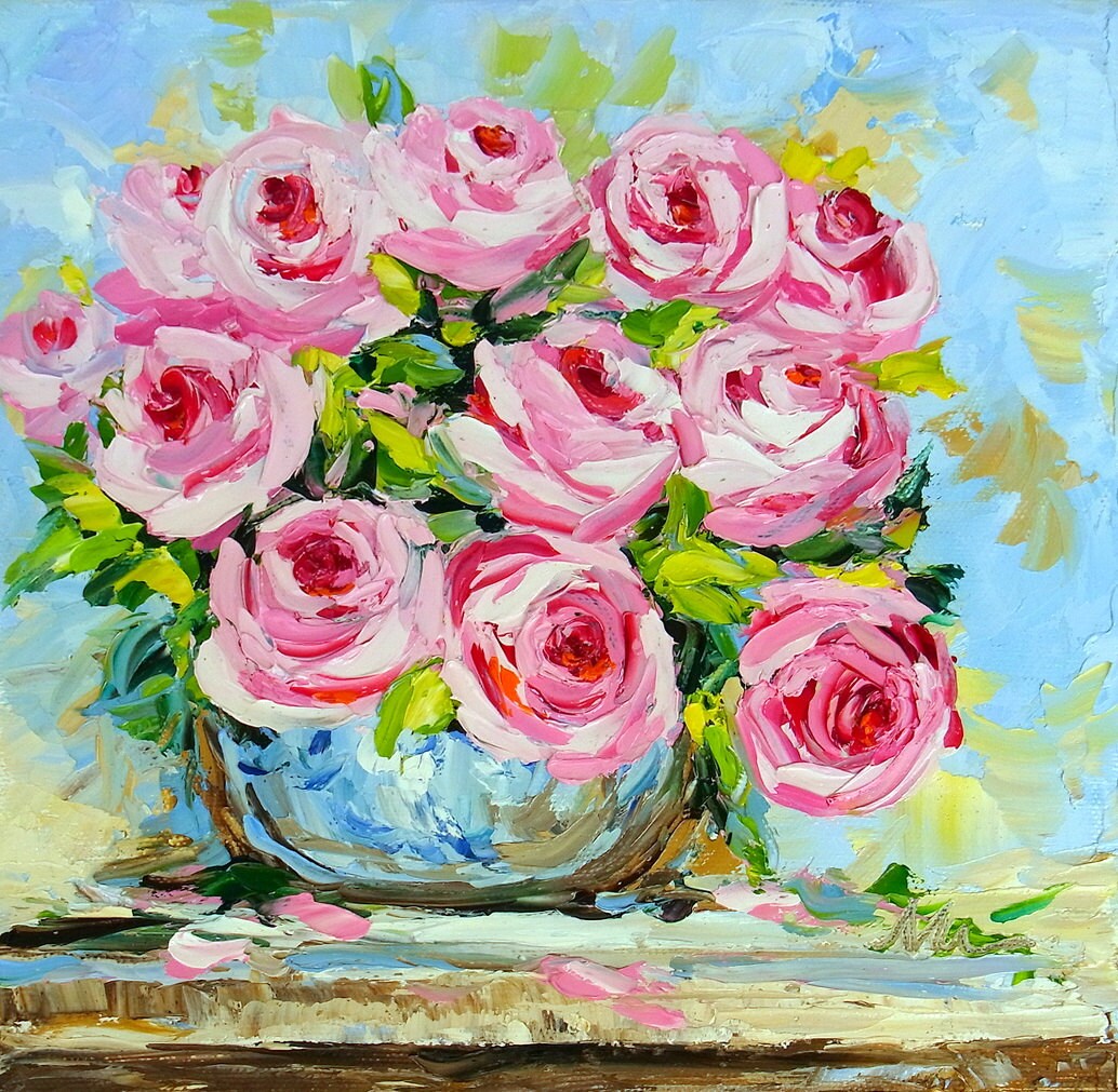 Rose Still Life Pink Flower Palette Knife Impasto Textured