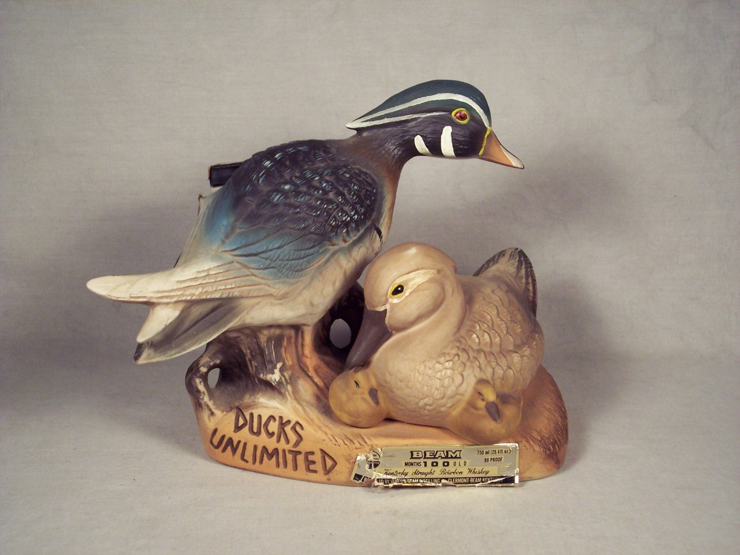 1982 Ducks Unlimited Jim Beam Wood Duck Decanter Hunting