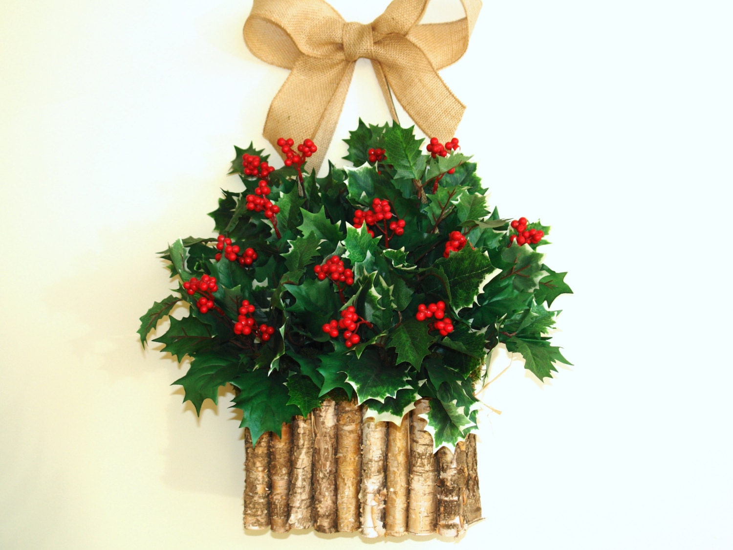 Holiday Christmas wreaths Holly berry wreath birch bark front door decorations wreaths