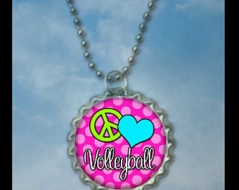 Set of 4 Peace Love Volleyball Bottlecap Necklaces,GLITTER or Plain, volleyball gifts, volleyball gift, volleyball necklace, team gift medal