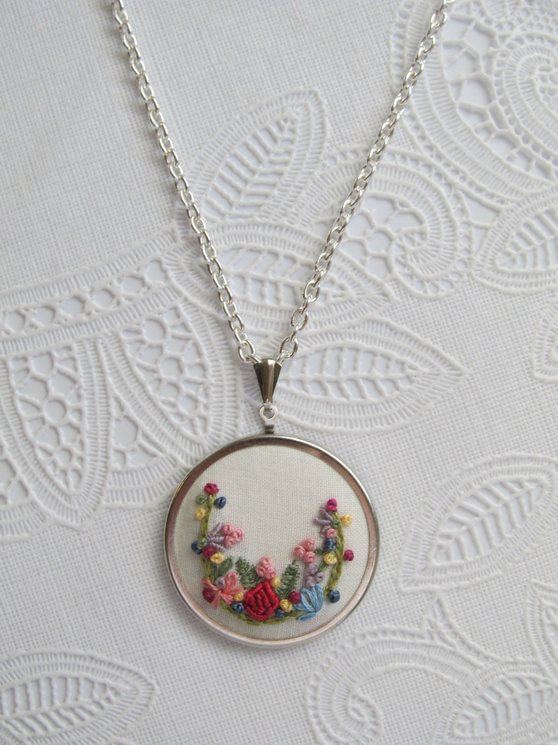 Hand embroidered fabric necklace embroidered garden french