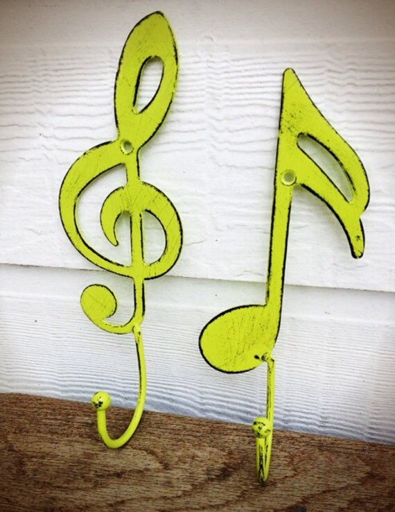 BOLD music note and treble clef wall hooks // chartreuse lime