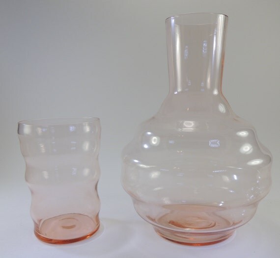 Vintage Glass Pink Depression Bedside Decanter Set